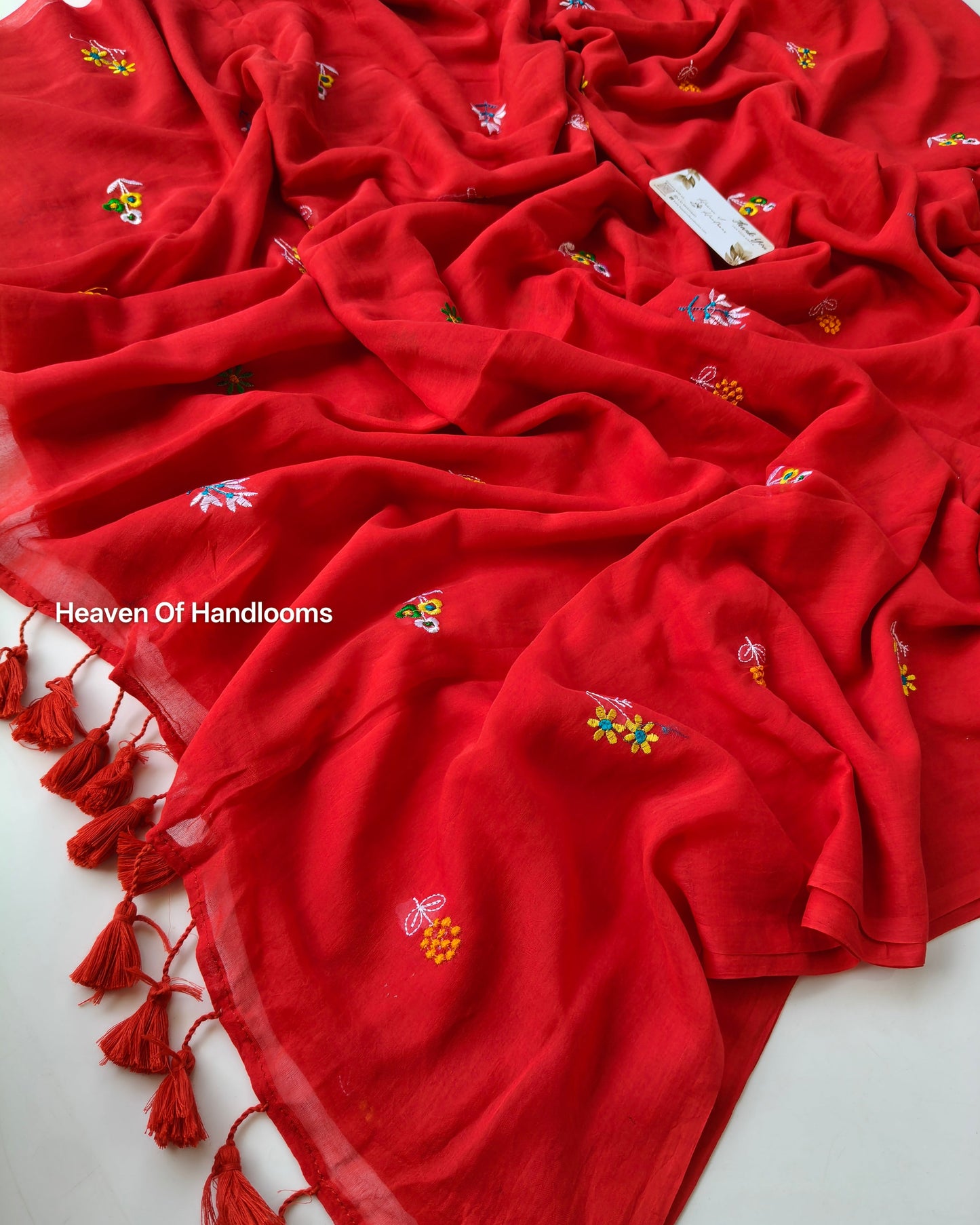 Embroidery Saree - Red Flower Bunch