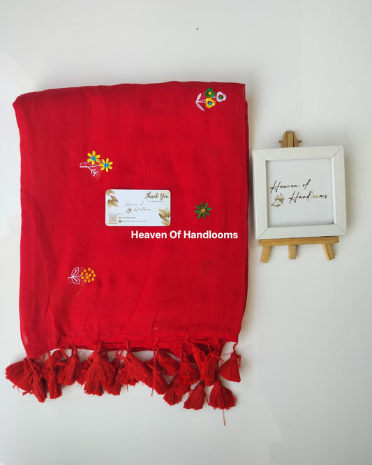 Embroidery Saree - Red Flower Bunch