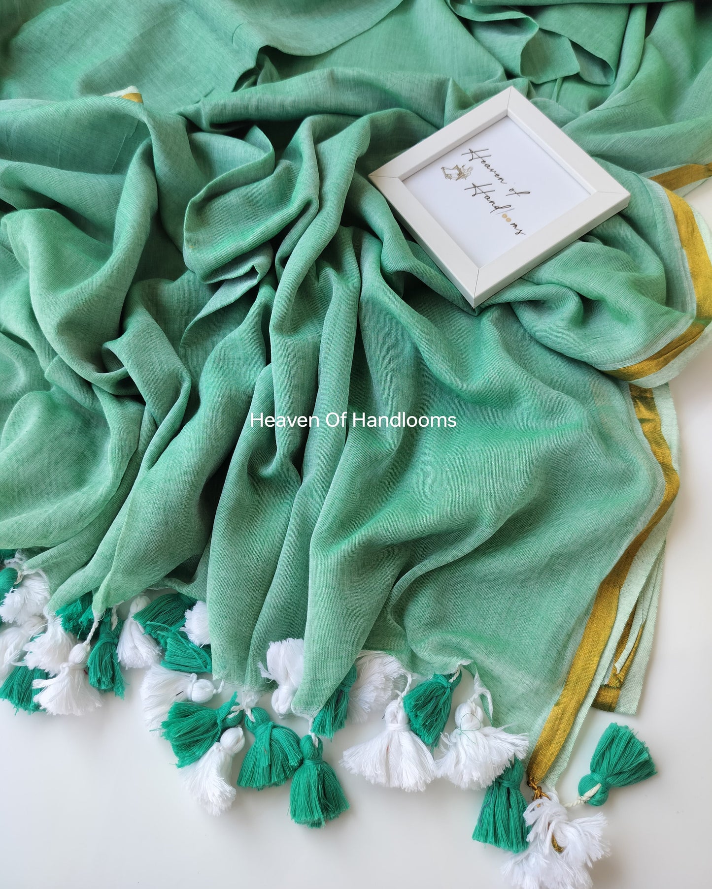 Plain Mul Saree with Zari - Mint
