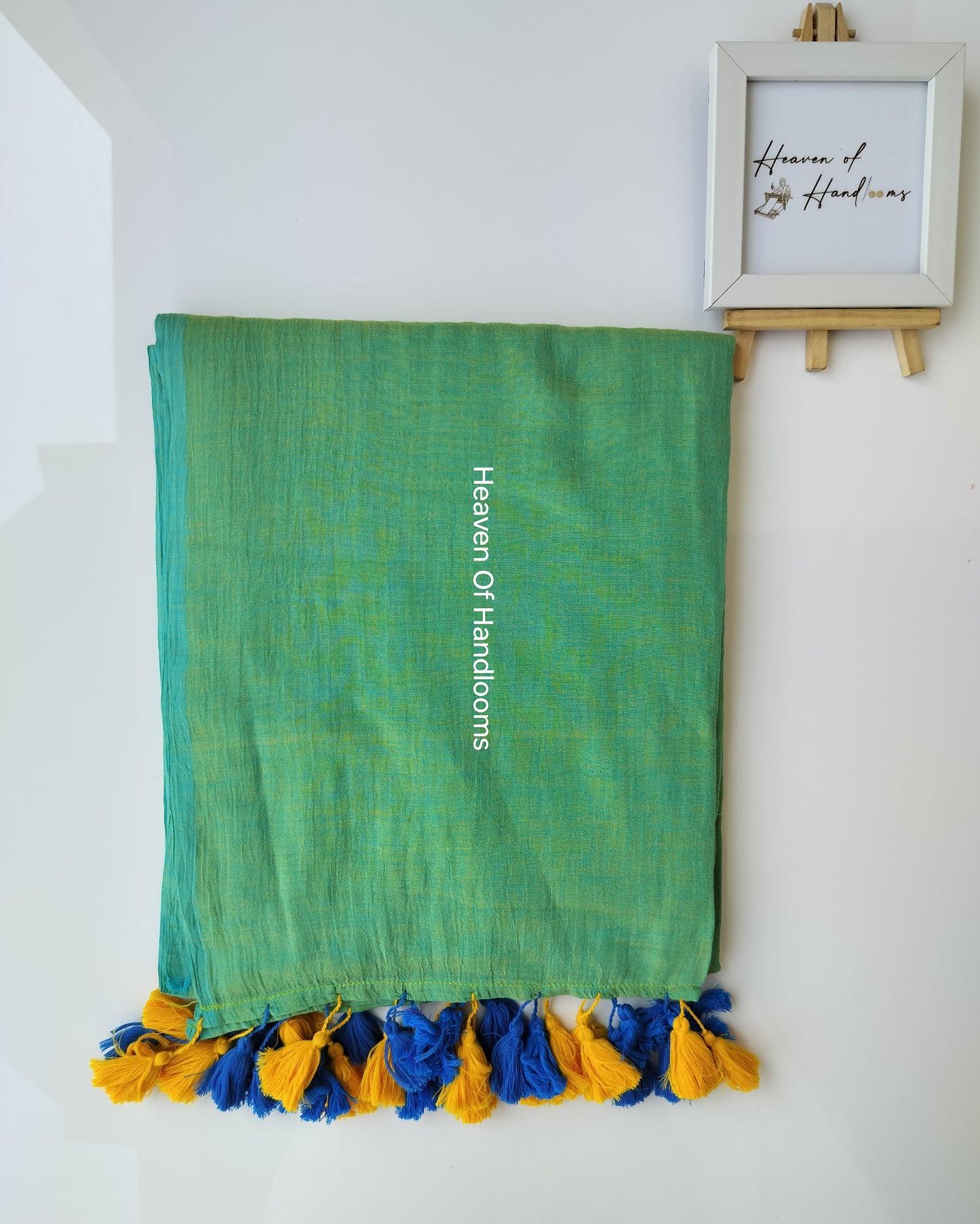 Plain Mul Saree - Turqoise and Yellow