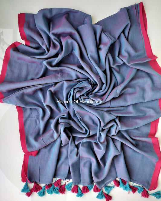 Plain Mul Saree - Peacock Blue with Magenta Border