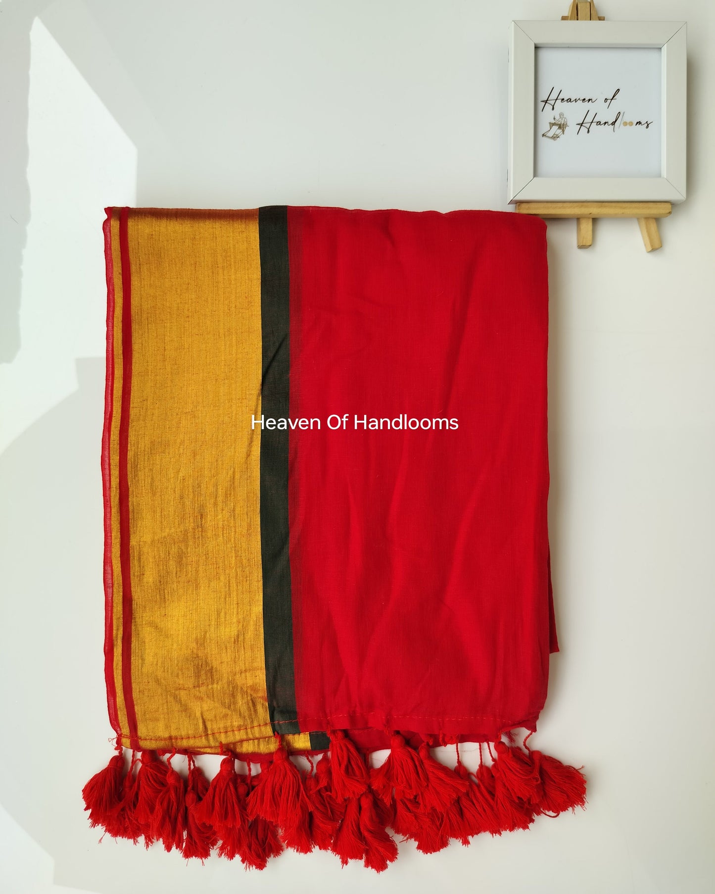 Festive Saree - Red Plain Zari Border Green