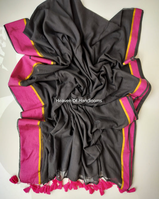 Festive Saree - Black with Pink Border thin Zari