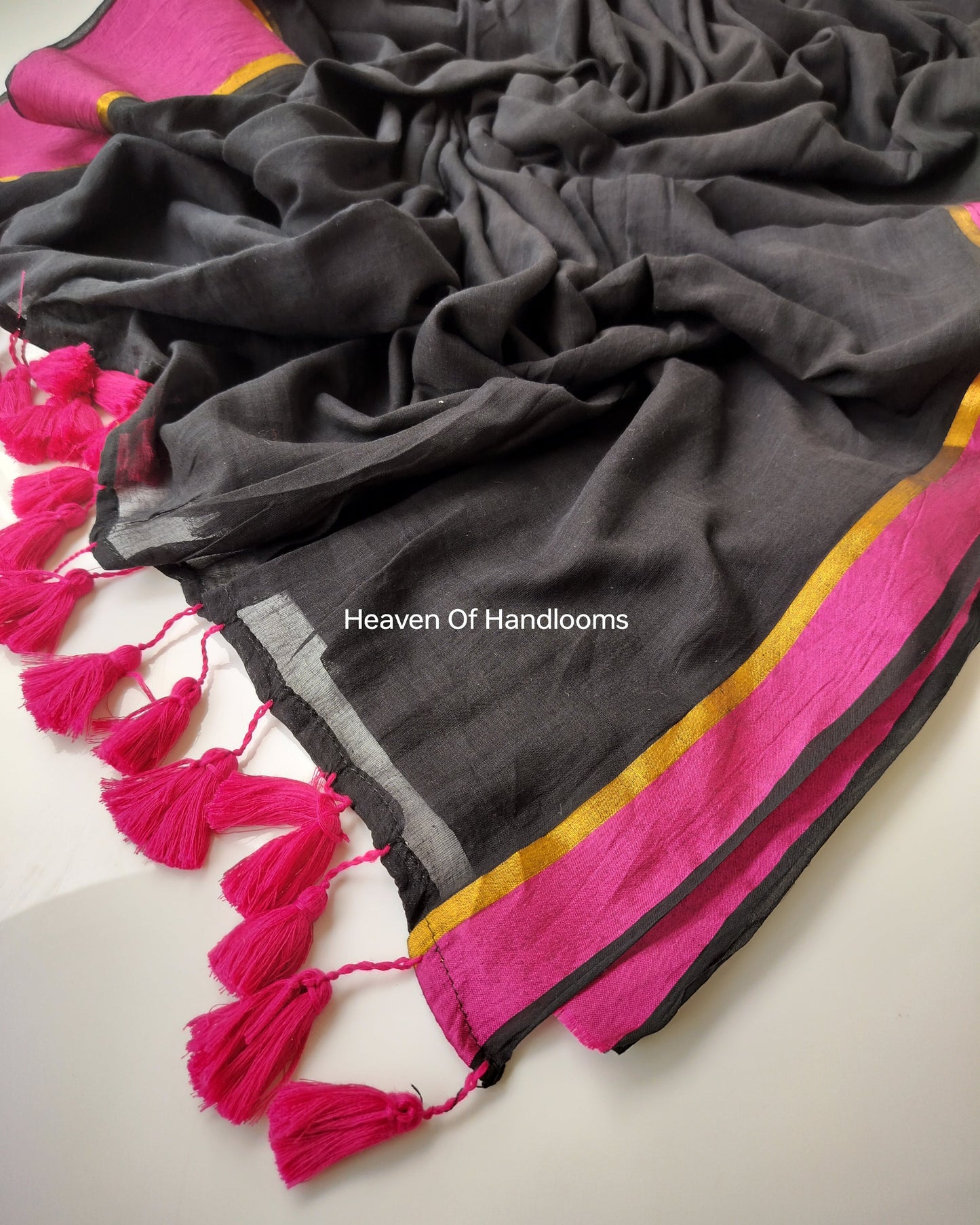 Festive Saree - Black with Pink Border thin Zari