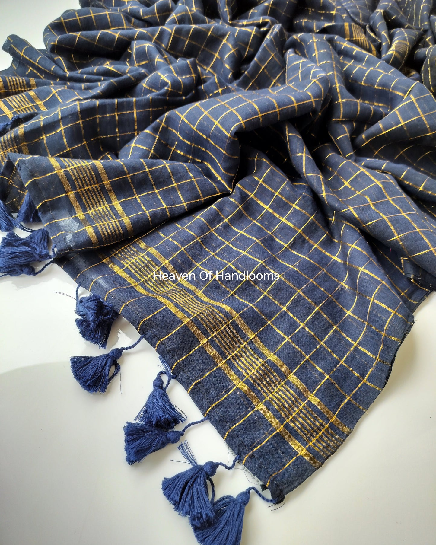 Festive Saree - Navy Blue Golden Zari checked