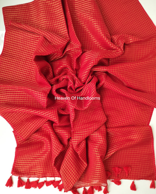 Festive Saree - Red Golden Zari checked