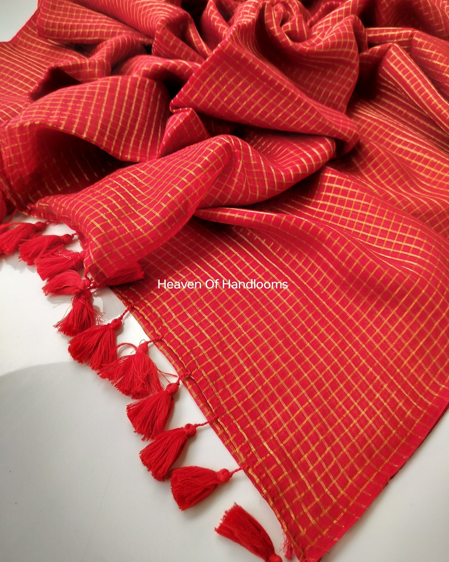 Festive Saree - Red Golden Zari checked