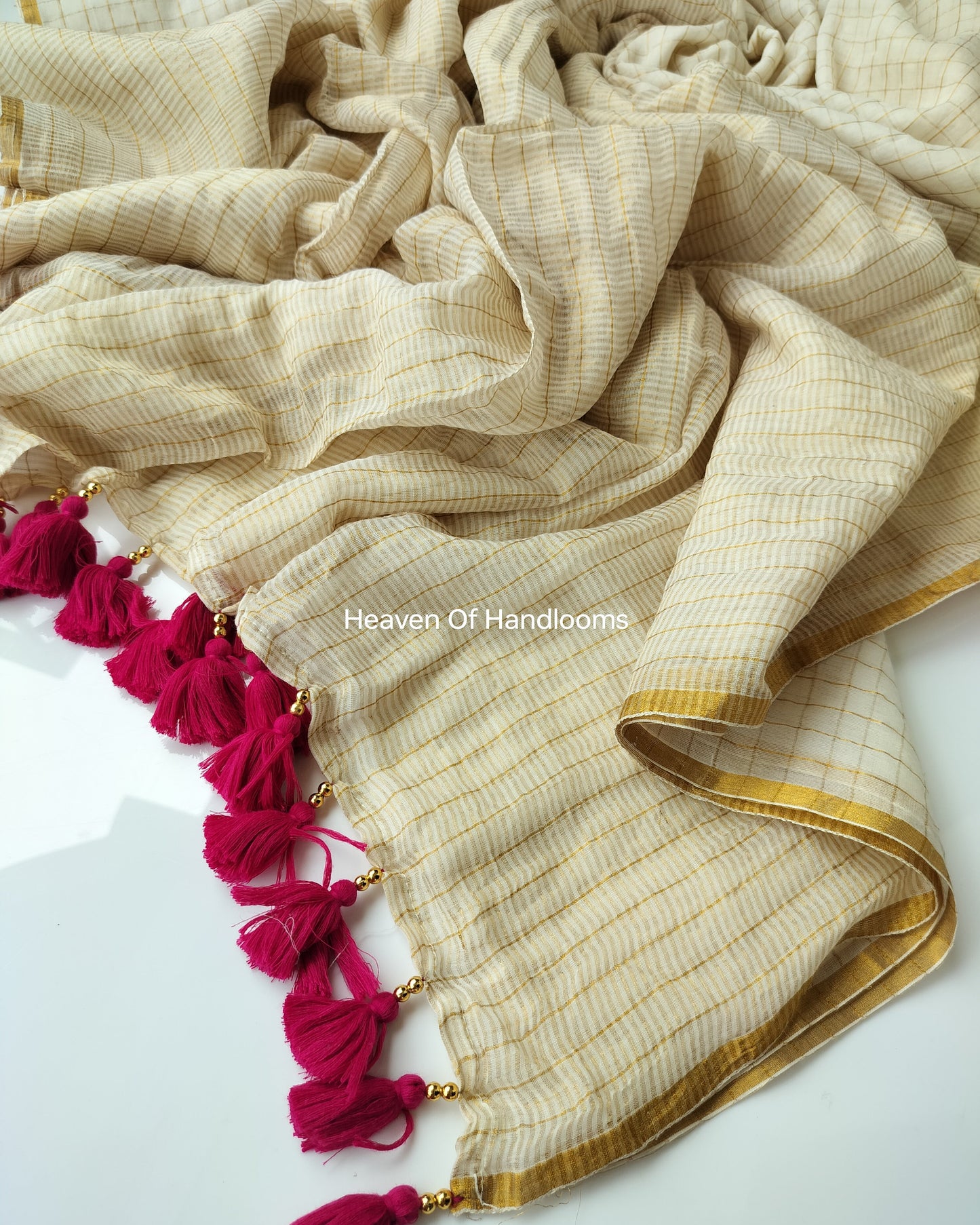 Onam-Vishu Saree - Cream Golden Check