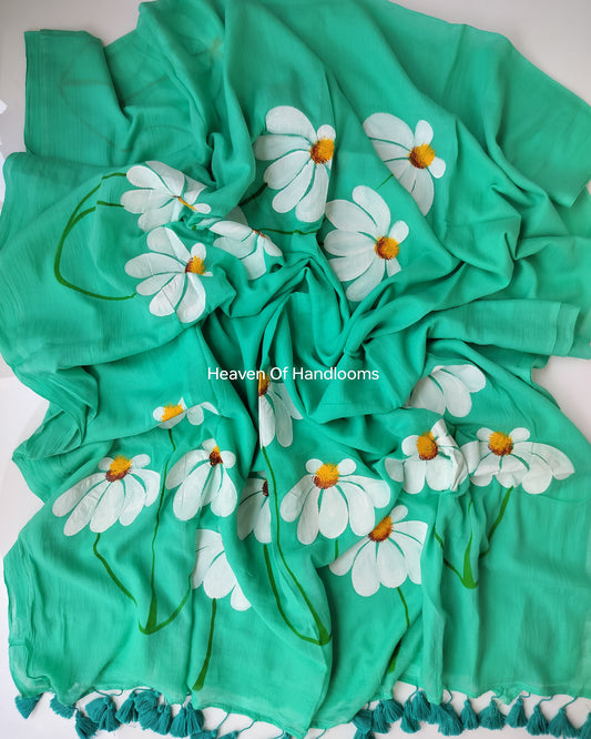 Hand Painted Saree - Sea Green Flower
