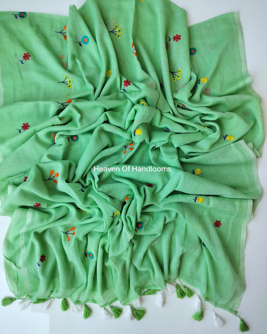 Embroidery Saree - Green Flower