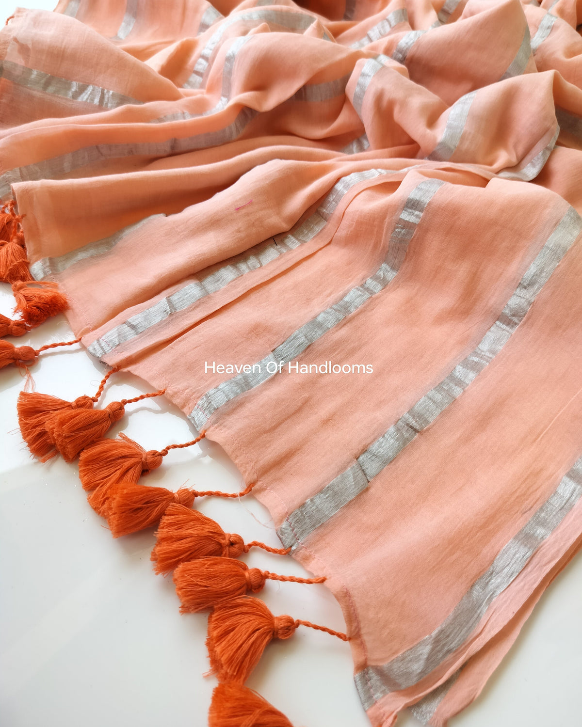 Festive Saree - Peach Sliver Zari Stripe