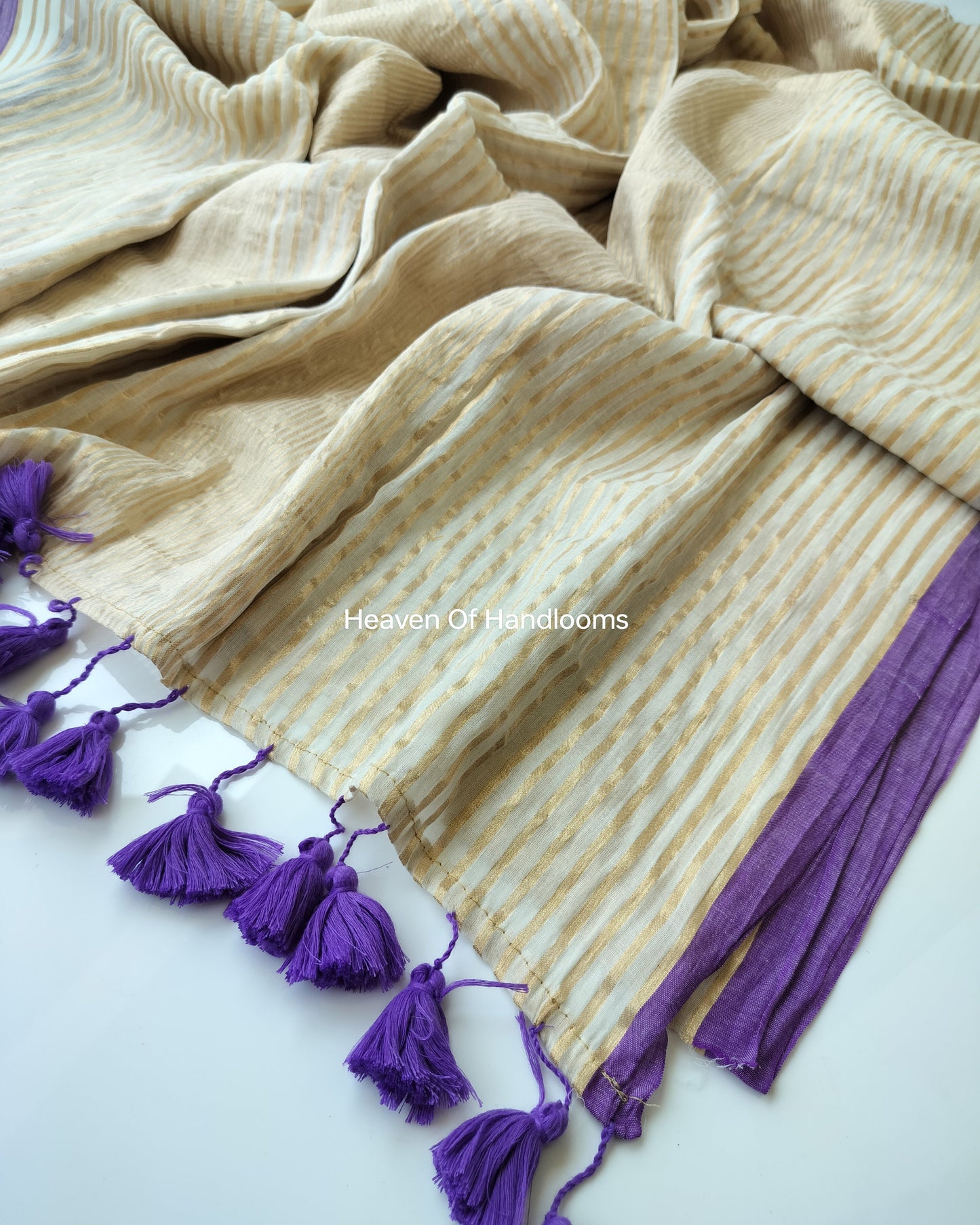 Onam-Vishu Saree - Golden Stripe with Purple Border