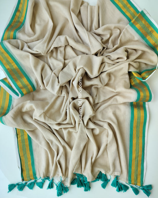 Onam-Vishu Saree - Cream with Teal Green Border