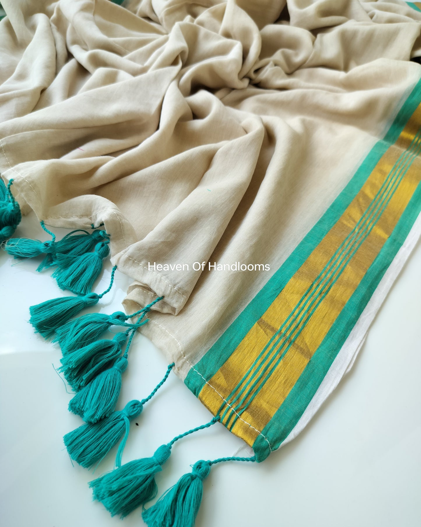 Onam-Vishu Saree - Cream with Teal Green Border