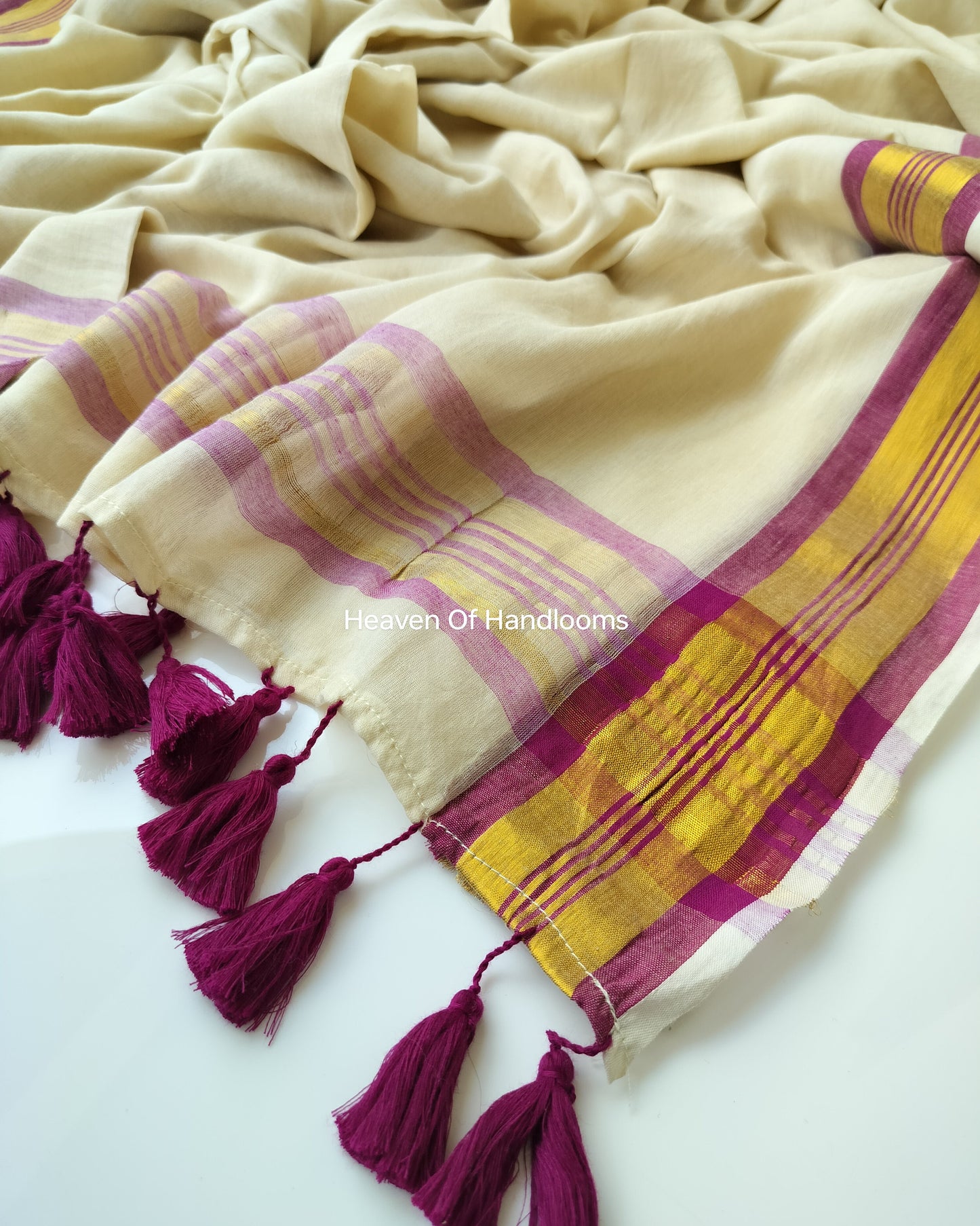 Onam-Vishu Saree - Cream with Dark Magenta Border