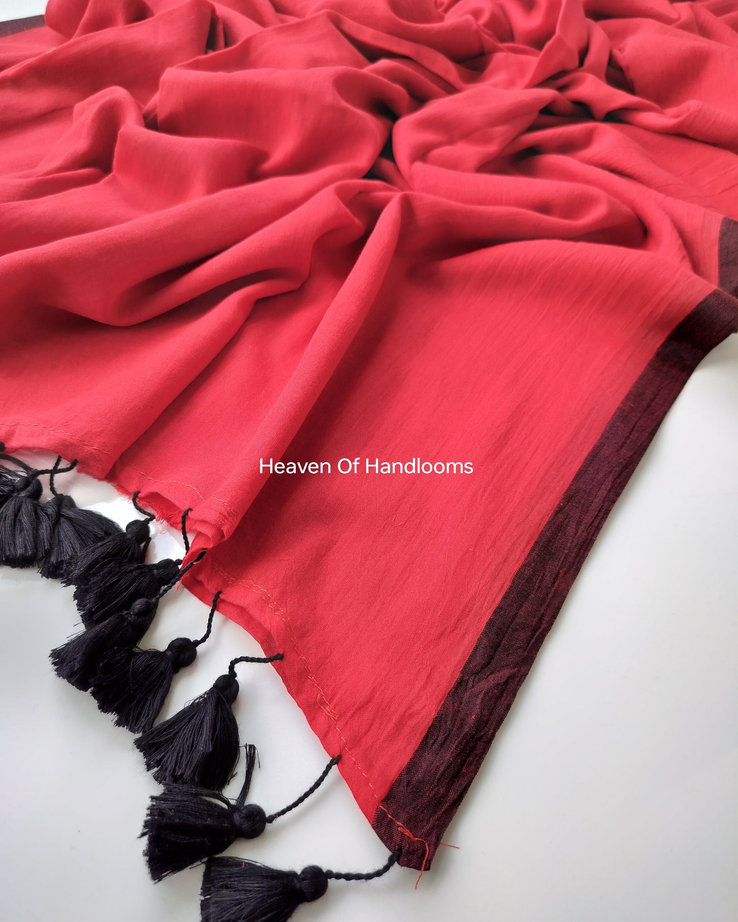 Plain Mul Saree - Red with Black Border
