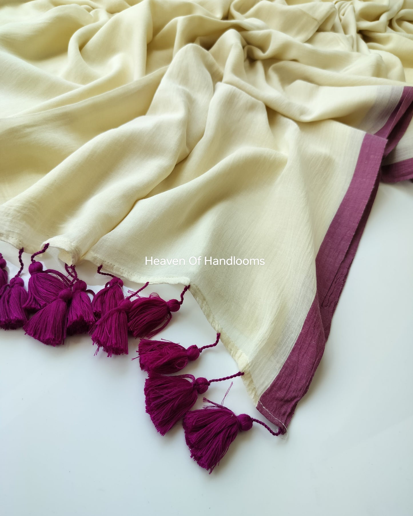 Plain Mul Saree - Cream with Dark Magenta