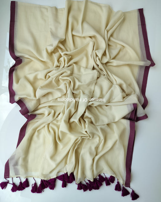 Plain Mul Saree - Cream with Dark Magenta