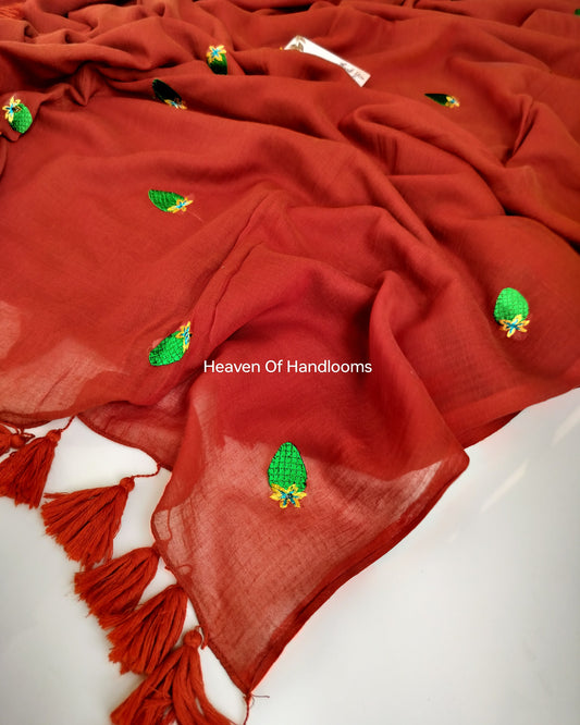 Embroidery Saree - Terracotta with Strawberry