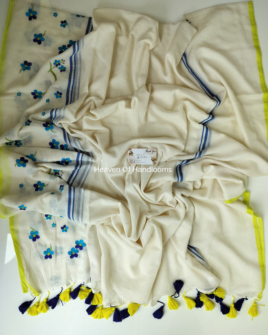 Embroidery Saree - Cream Pookal Border