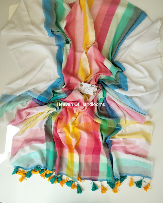 Corporate Choice - White Rainbow Checked Pallu