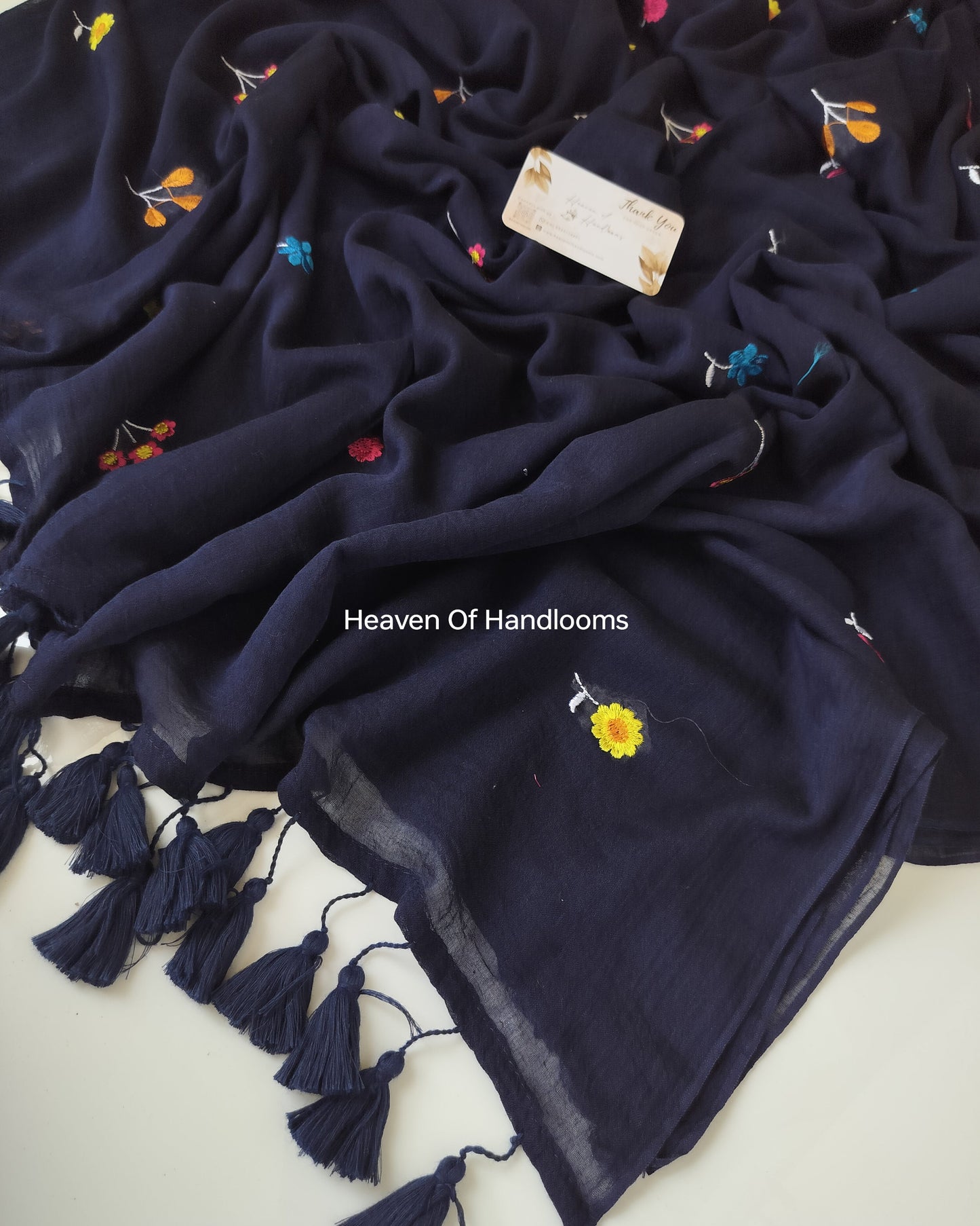 Embroidery Saree - Navy Flower