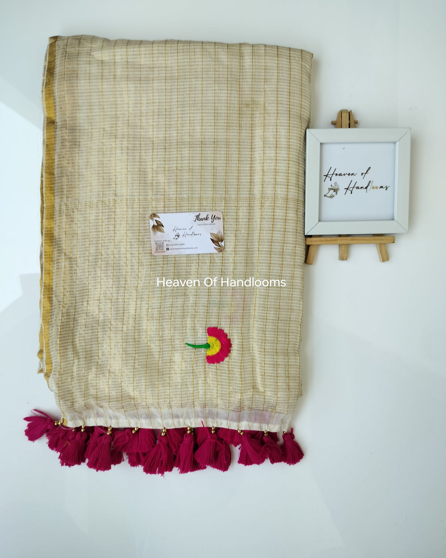 Onam-Vishu Saree - Cream Golden Check with Flower