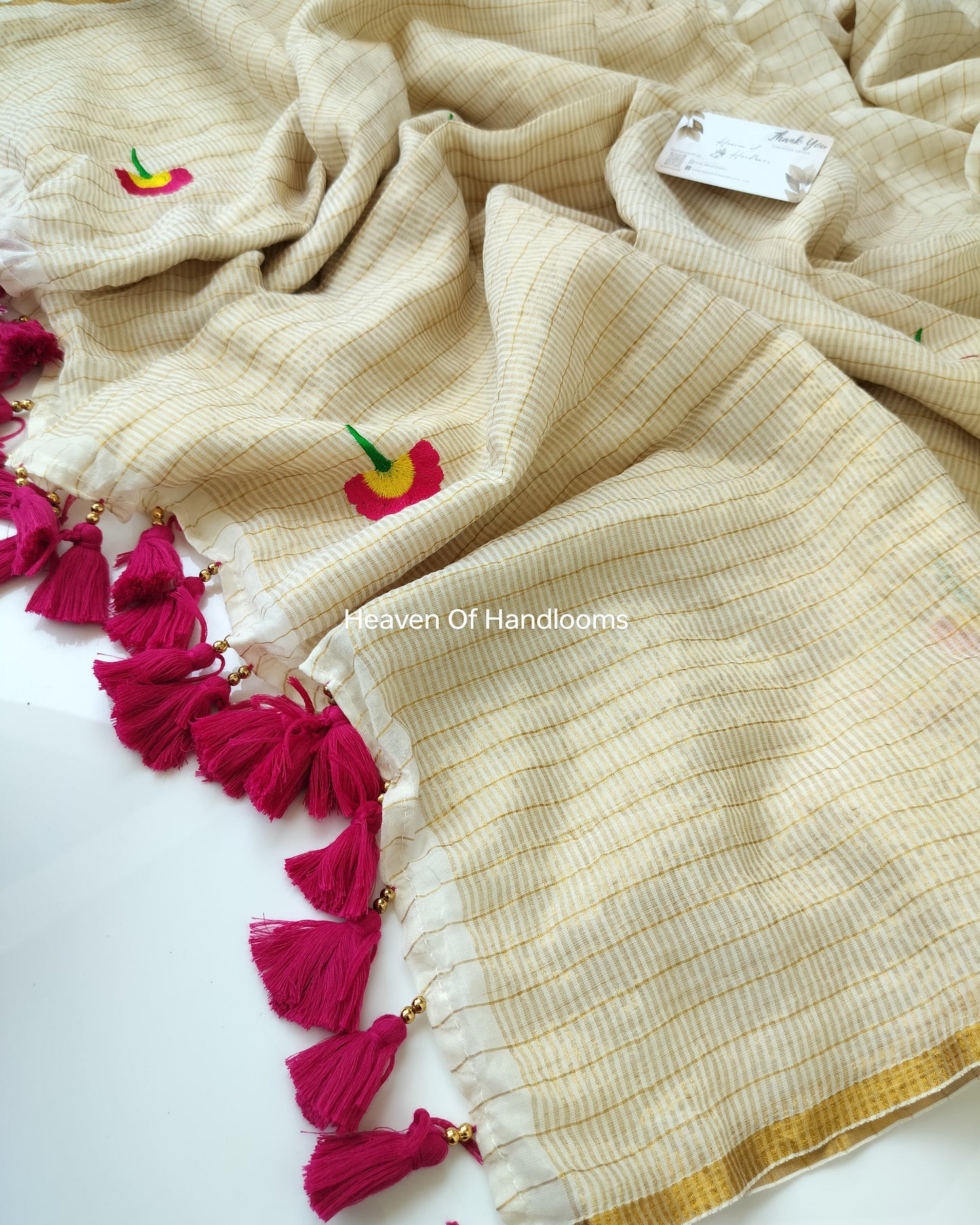 Onam-Vishu Saree - Cream Golden Check with Flower