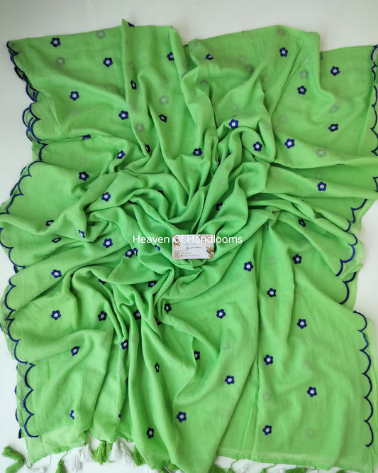 Embroidery Saree - Green Blossom with Scallop Border