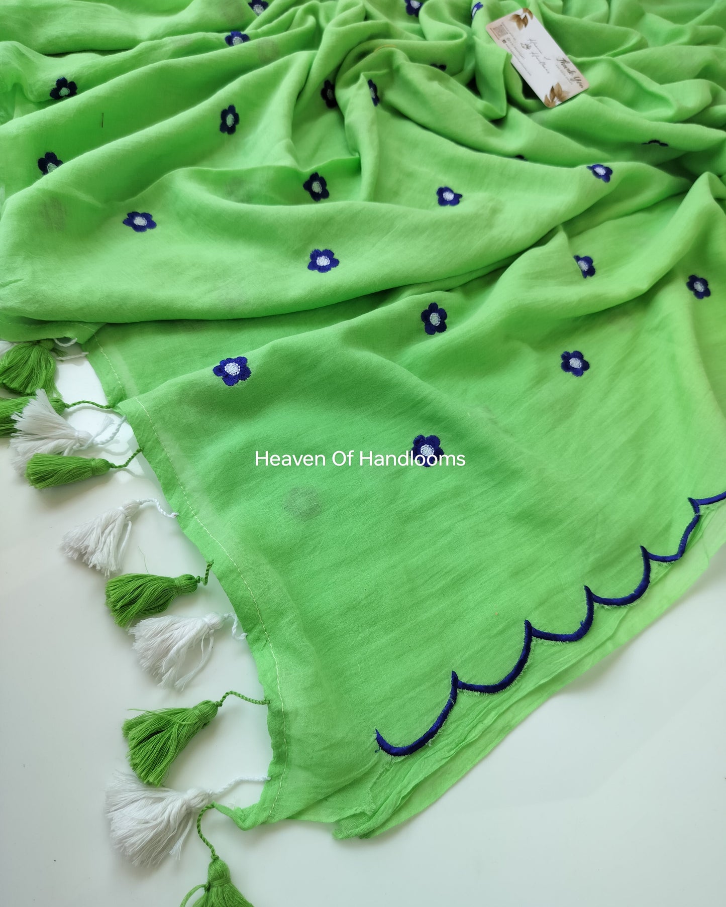 Embroidery Saree - Green Blossom with Scallop Border