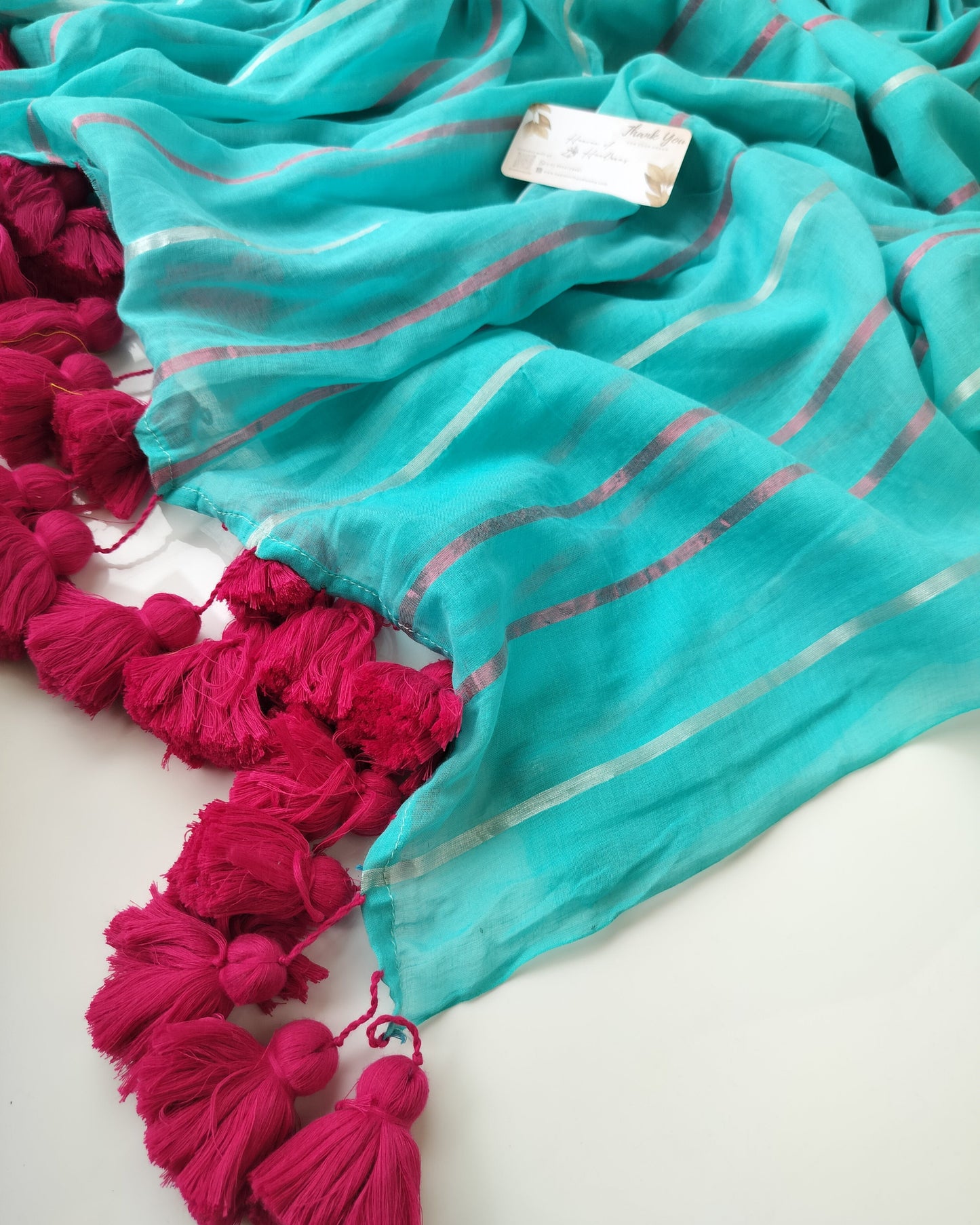 Festive Saree - Turquoise Stipe with Big Tassels