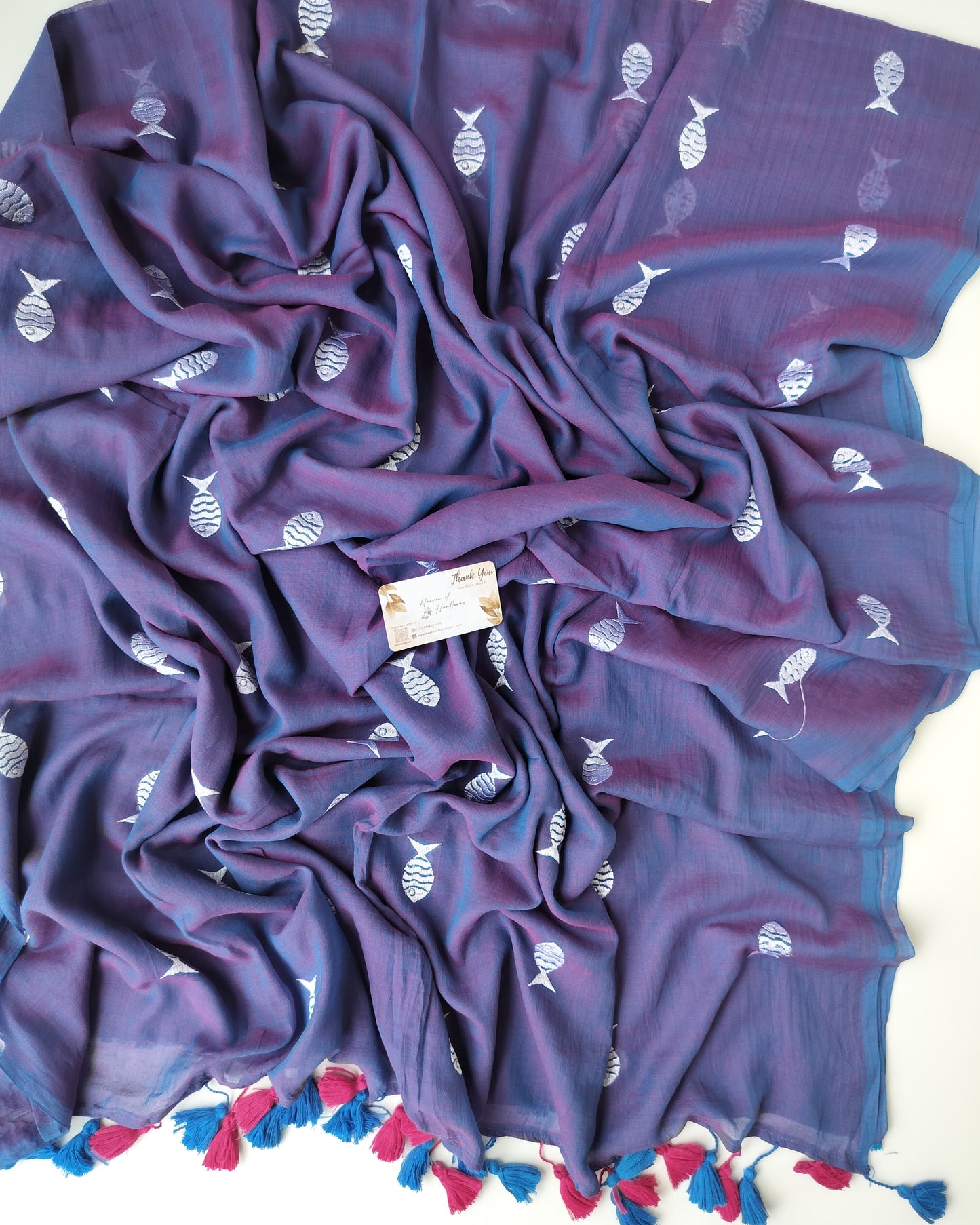 Embroidery Saree - Peacock Shade Fish