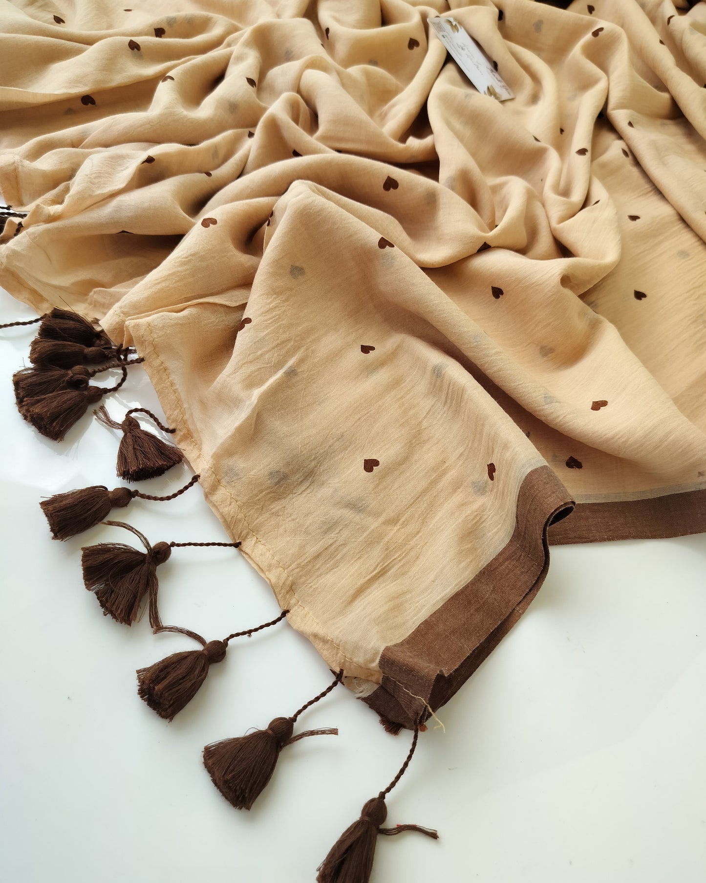 Printed Saree - Tan Small Heart