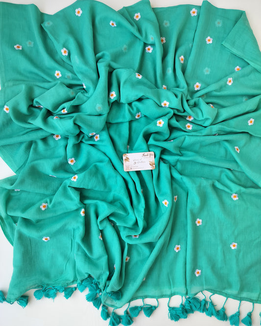 Embroidery Saree - Coral Sea Green Blossom