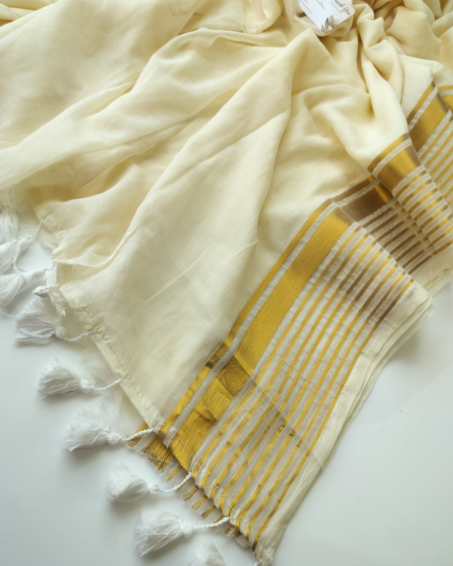 Onam-Vishu Saree - Off White with Golden Multi Line Border