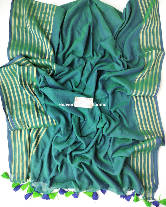 Festive Saree - Peacock Green Pop Line Zari
