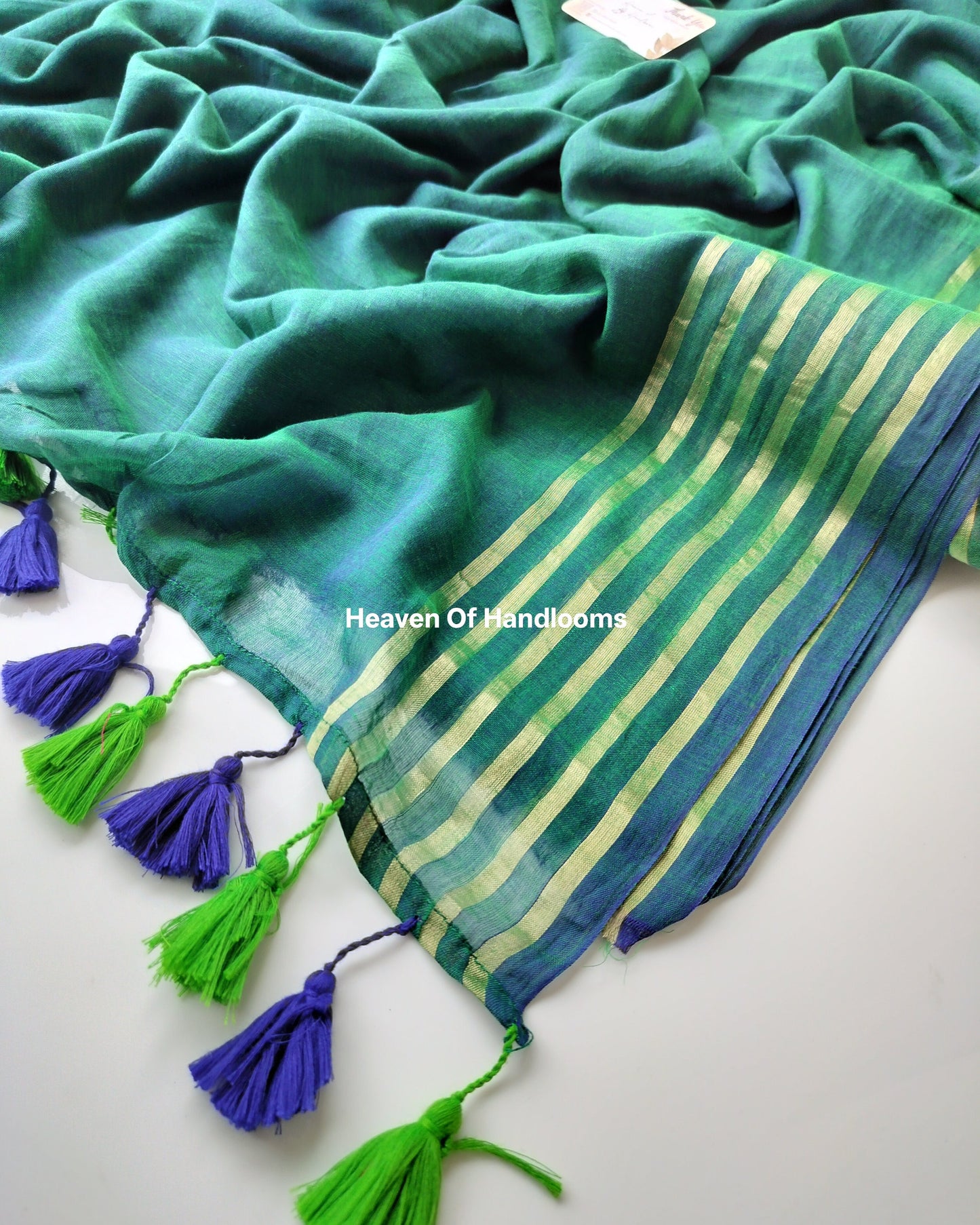Festive Saree - Peacock Green Pop Line Zari
