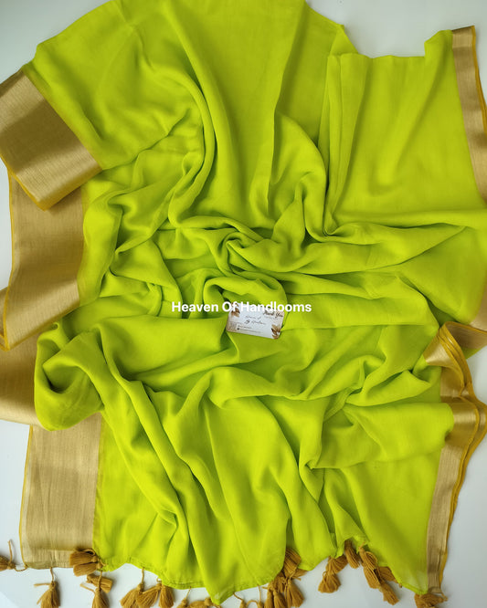 Festive Saree - Neon Green Golden Border