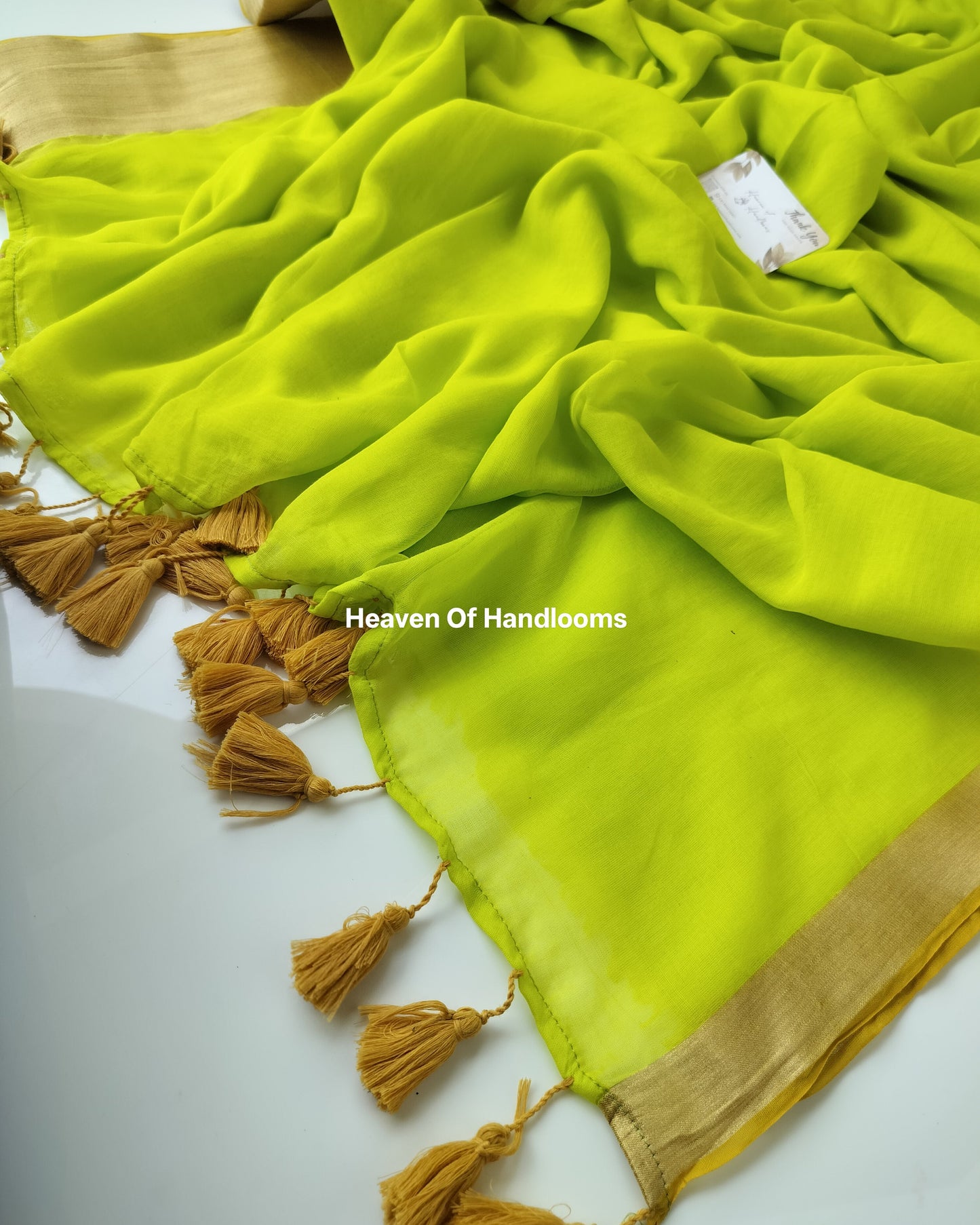Festive Saree - Neon Green Golden Border