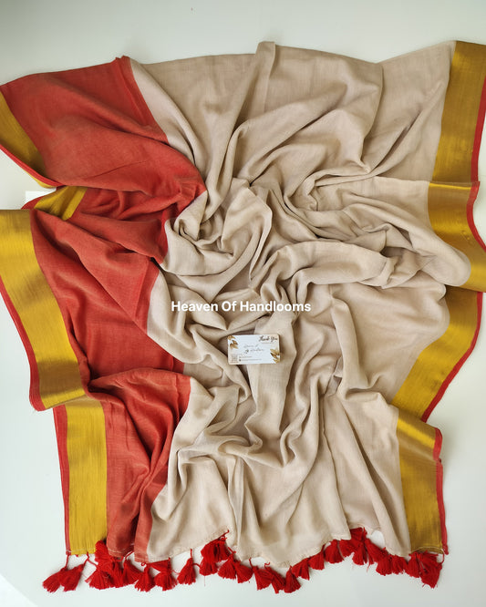 Onam-Vishu Saree - Umber and Cream with Golden Border