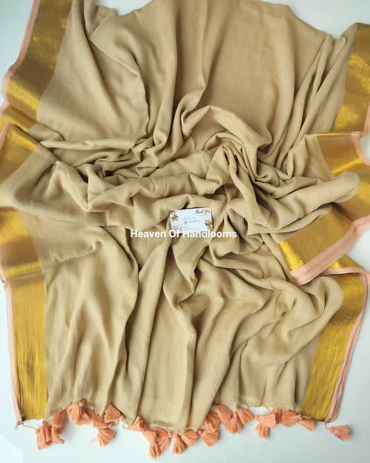 Onam-Vishu Saree - Dark Cream with Zari Pink Border