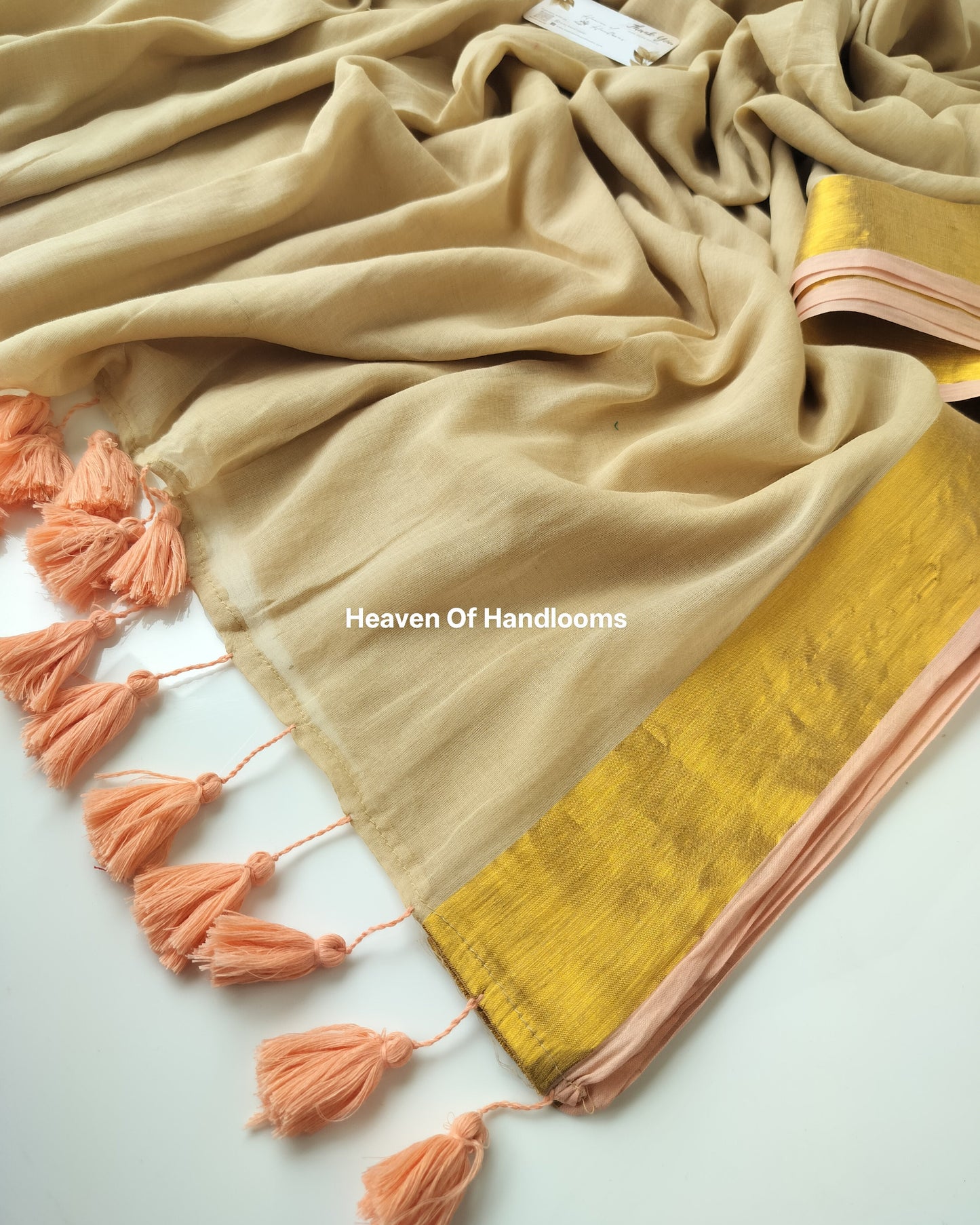 Onam-Vishu Saree - Dark Cream with Zari Pink Border