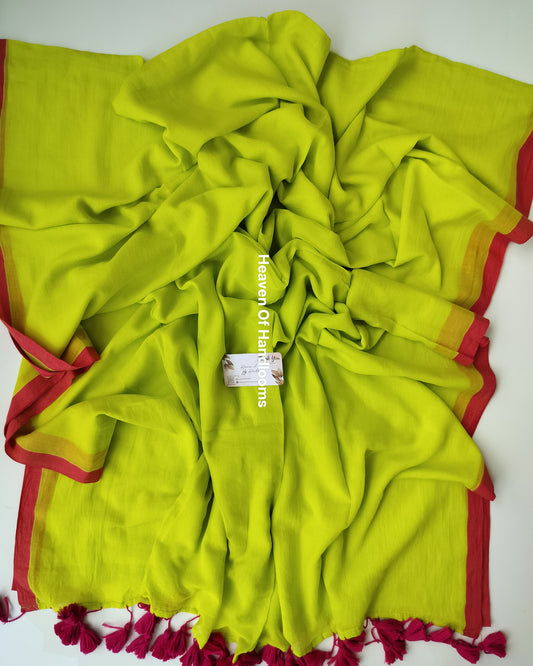 Plain Mul Saree - Highlighter with Coral Red