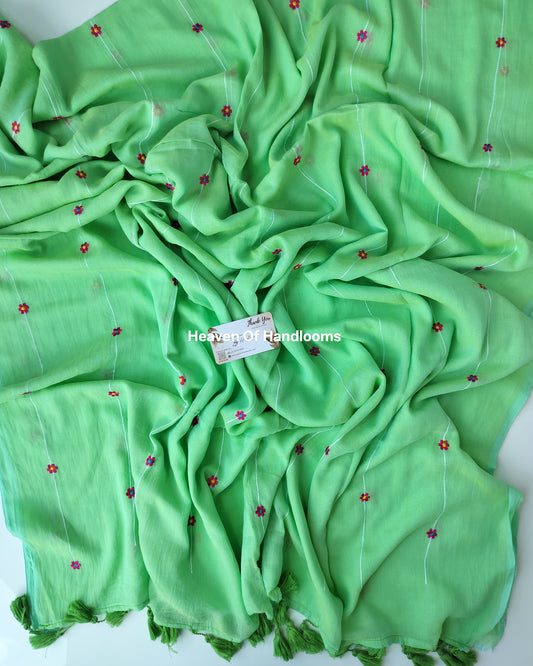Embroidery Saree - Light Green with Flower Line