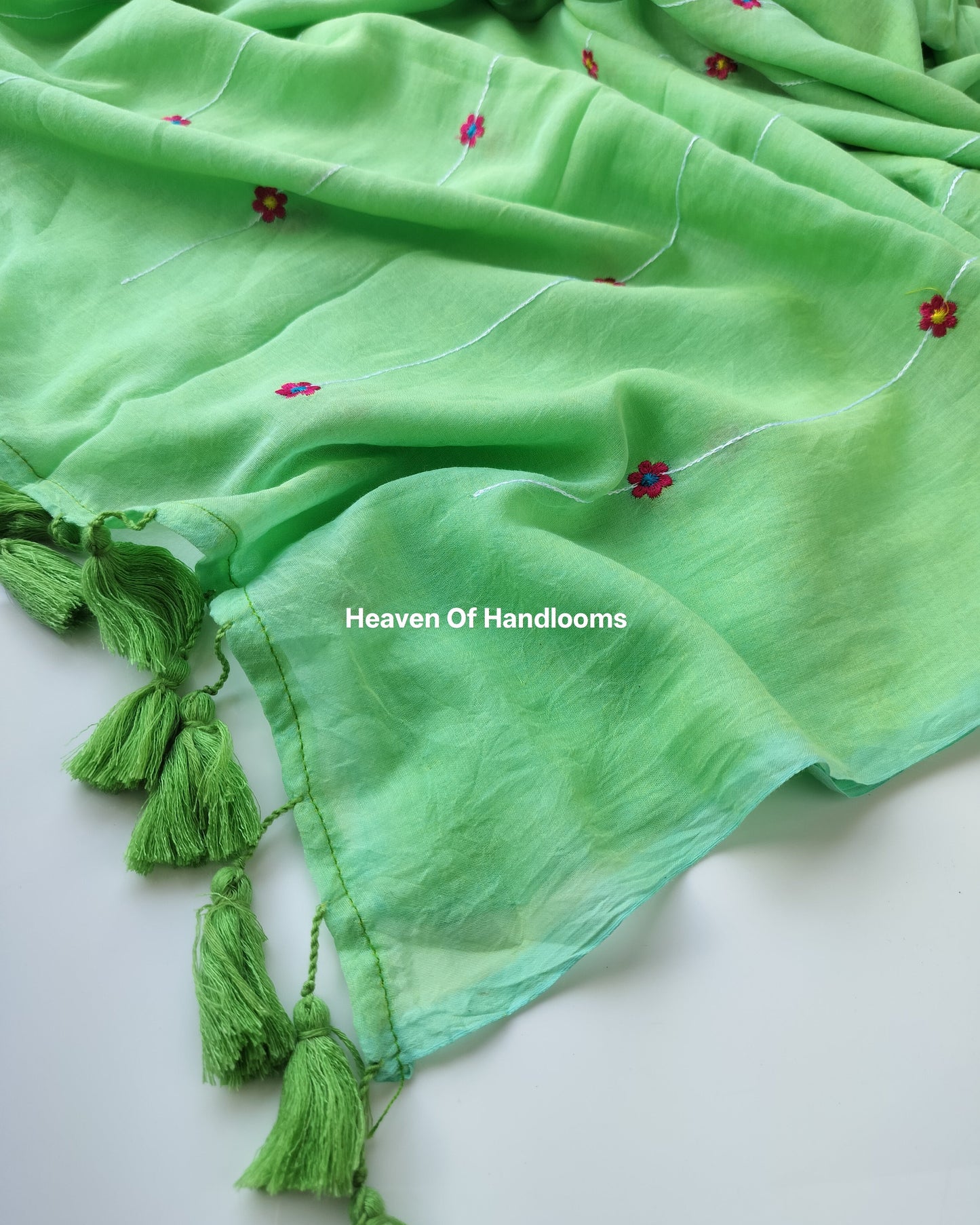 Embroidery Saree - Light Green with Flower Line