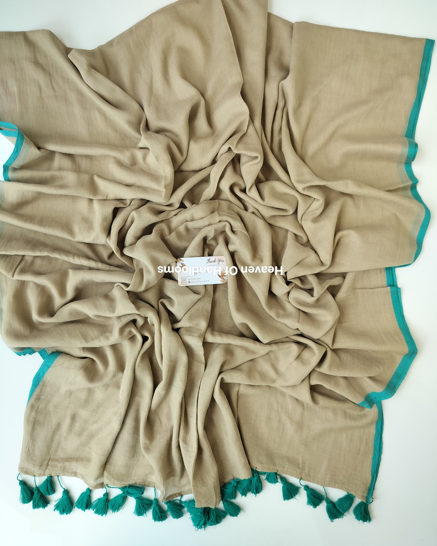 Plain Mul Saree - Cream with Teal Border