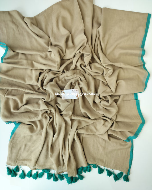 Plain Mul Saree - Cream with Teal Border