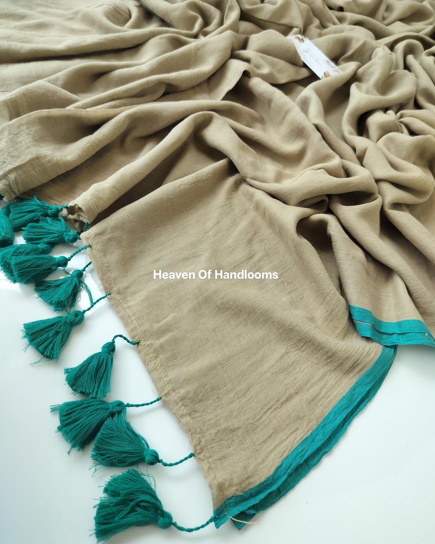 Plain Mul Saree - Cream with Teal Border