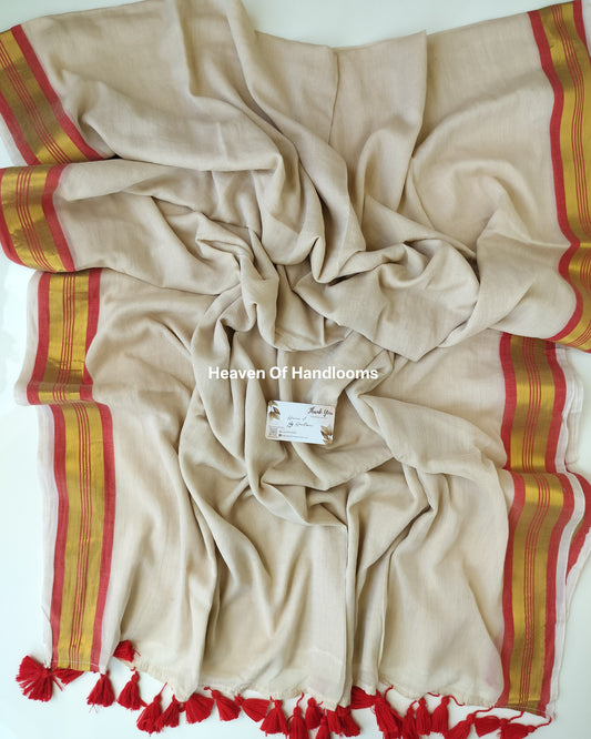 Onam-Vishu Saree - Beige with Red Golden Border