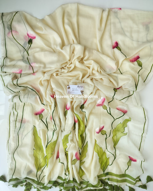 Onam-Vishu Saree - Olive Green Thistle Hand Painted